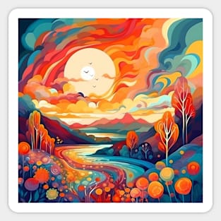 Abstract whimsical landscape with sunset. Sticker